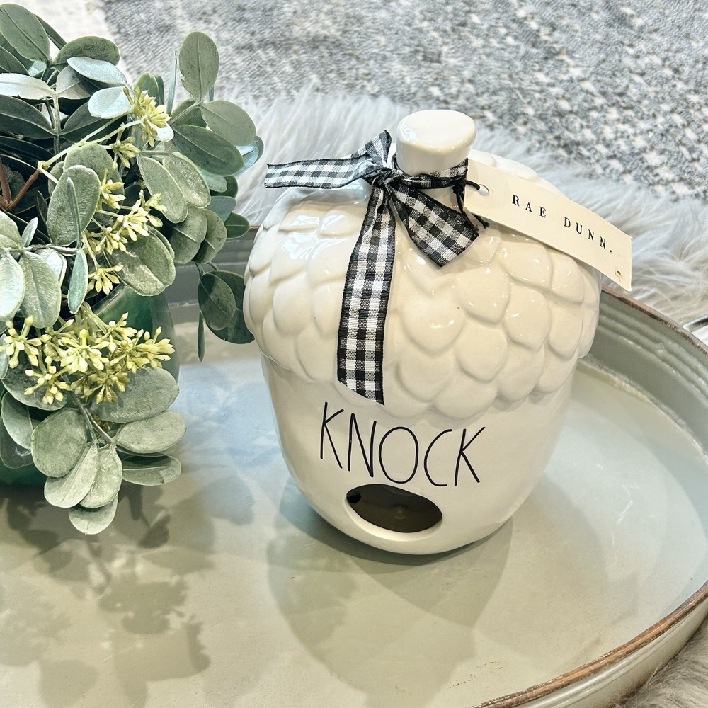 Rae Dunn "KNOCK"‎ Ceramic Acorn Bird House by Magenta- 2020 Gingham Ribbon NEW